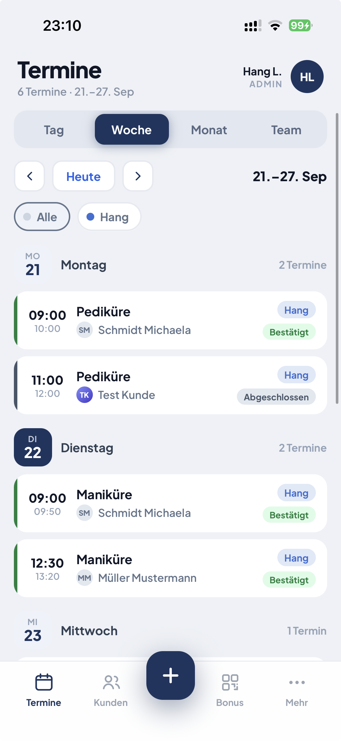 Trinely Mobile App Termine Wochenansicht